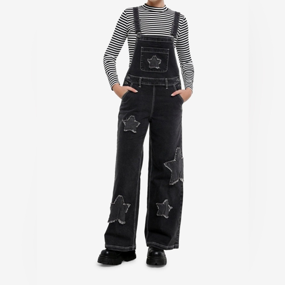 Hot Topic Social Collision Black Denim Star Overalls size XS wide leg oversized